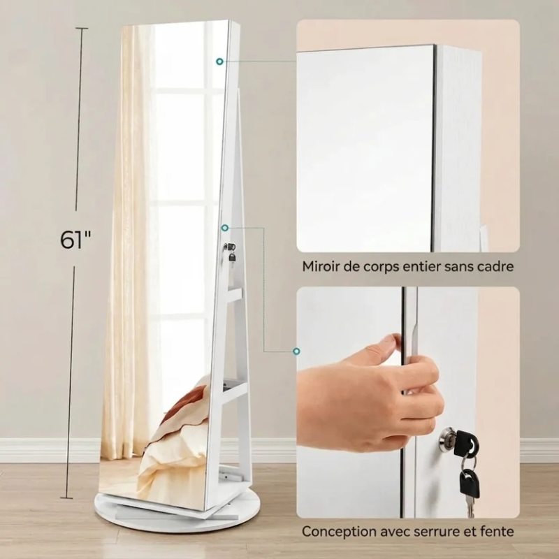 Miroir pivotant à 360° avec porte-bijoux et éclairage LED intégré