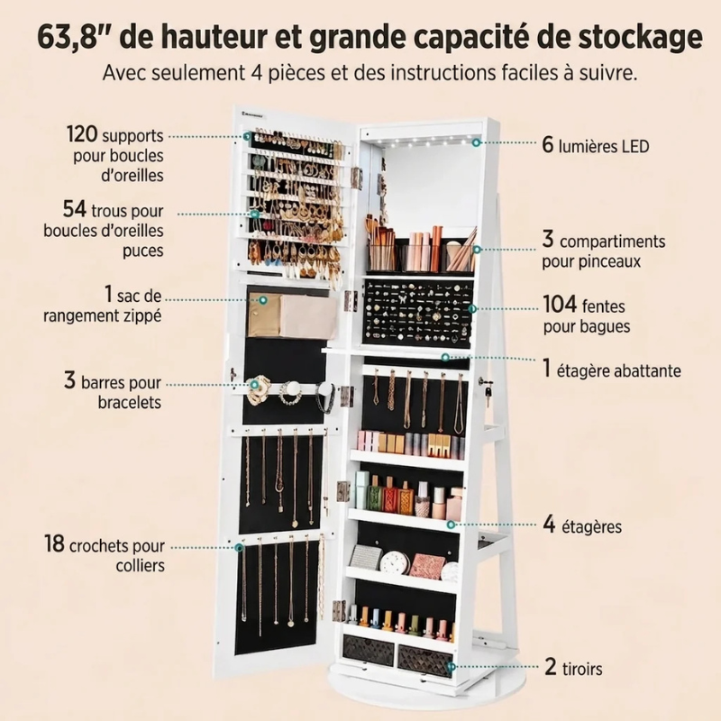 Miroir pivotant à 360° avec porte-bijoux et éclairage LED intégré