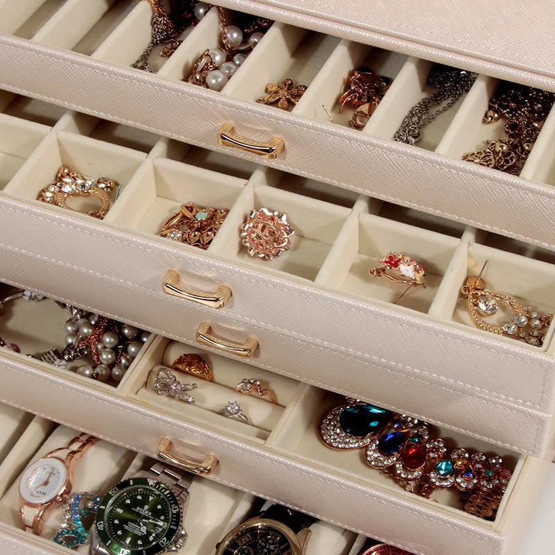 6 Layers PU Leather Jewelry Box Storage Case Display Organizer Ring Necklace Earring Collection for Gifts