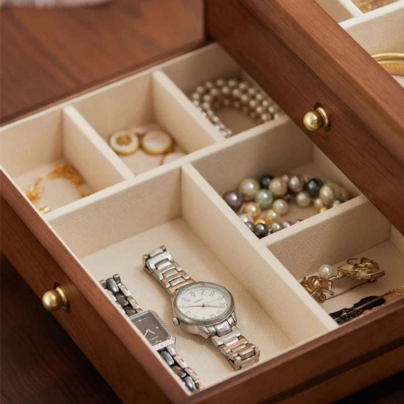 Boîte à bijoux en bois massif de luxe, style rétro, coffret de rangement pour bijoux, présentoir pour colliers, boucles d’oreilles et bracelets, vitrine et organisateur de bijoux