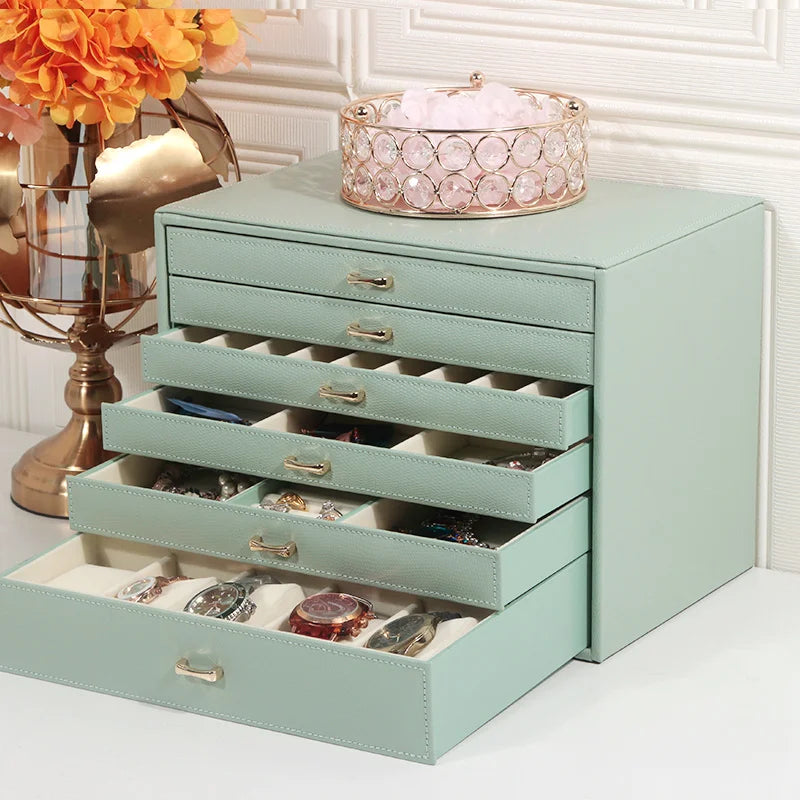 6 Layers PU Leather Jewelry Box Storage Case Display Organizer Ring Necklace Earring Collection for Gifts