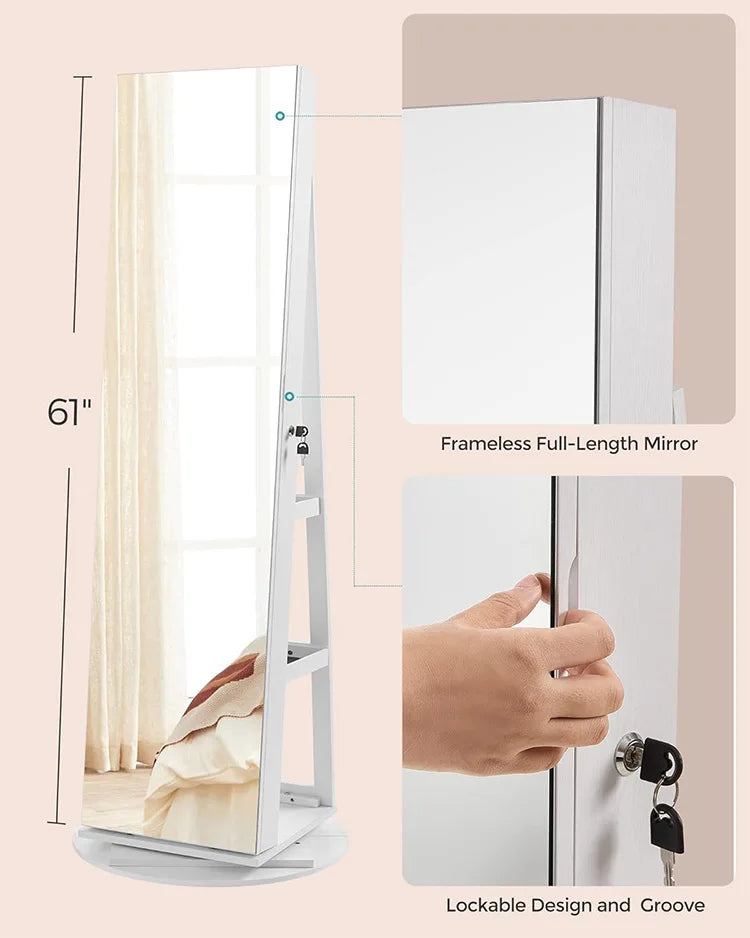Armoire miroir pleine longueur rotative en bois massif – organisateur de bijoux et d’accessoires pour chambre à coucher – dressing mobile autoportant
