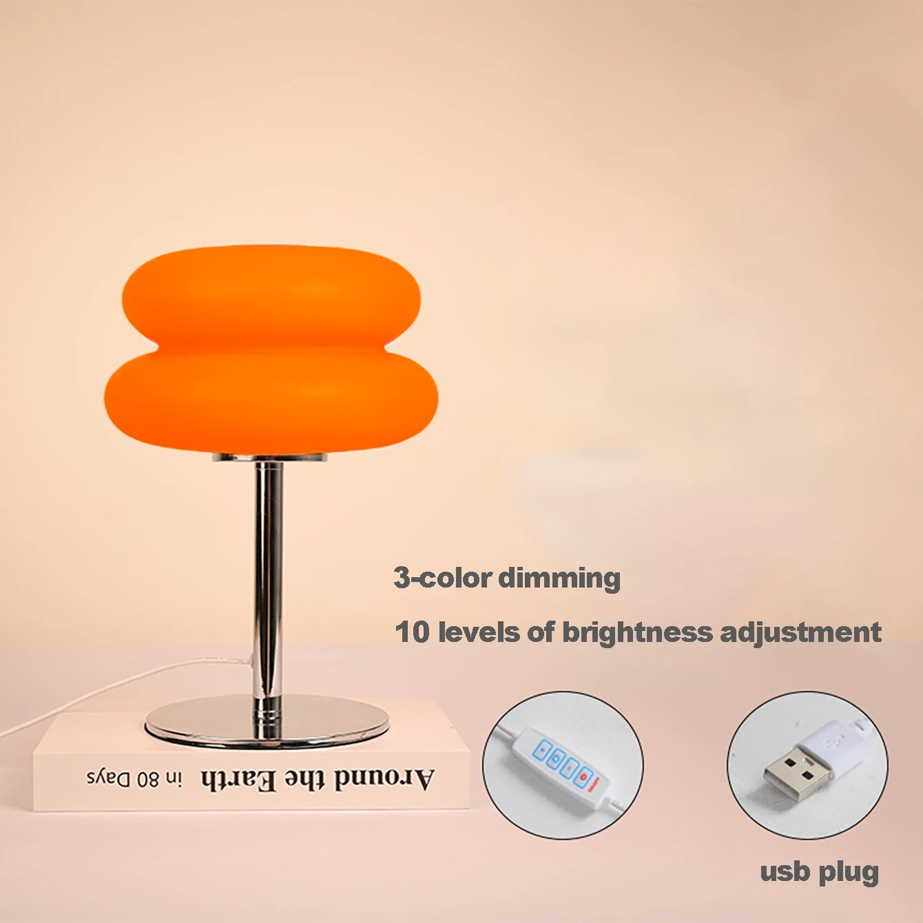 Lampe de chevet style crème, à 3 couleurs de lumière réglables, avec alimentation USB, idéale comme lampe d’ambiance pour chambre, salon, bureau ou décoration intérieure.