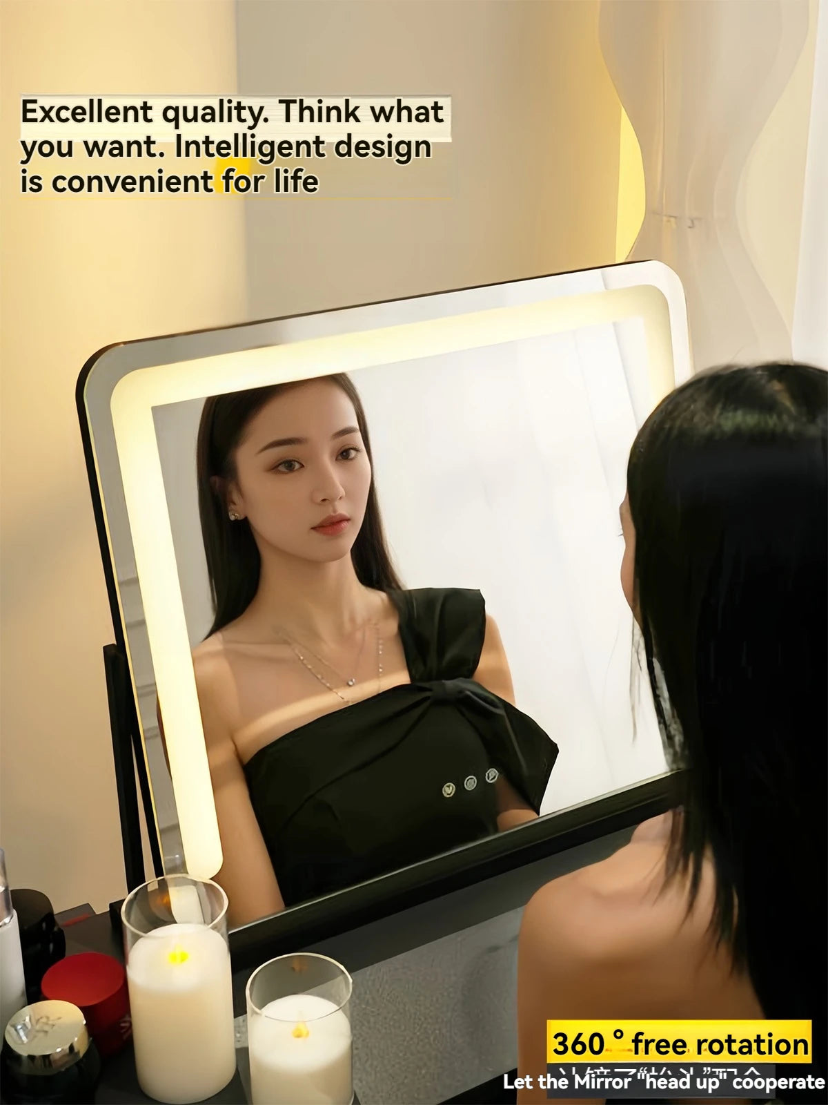 Grand miroir de maquillage LED intelligent de bureau avec éclairage, miroir de coiffeuse de table rotatif avec éclairage pour la maison