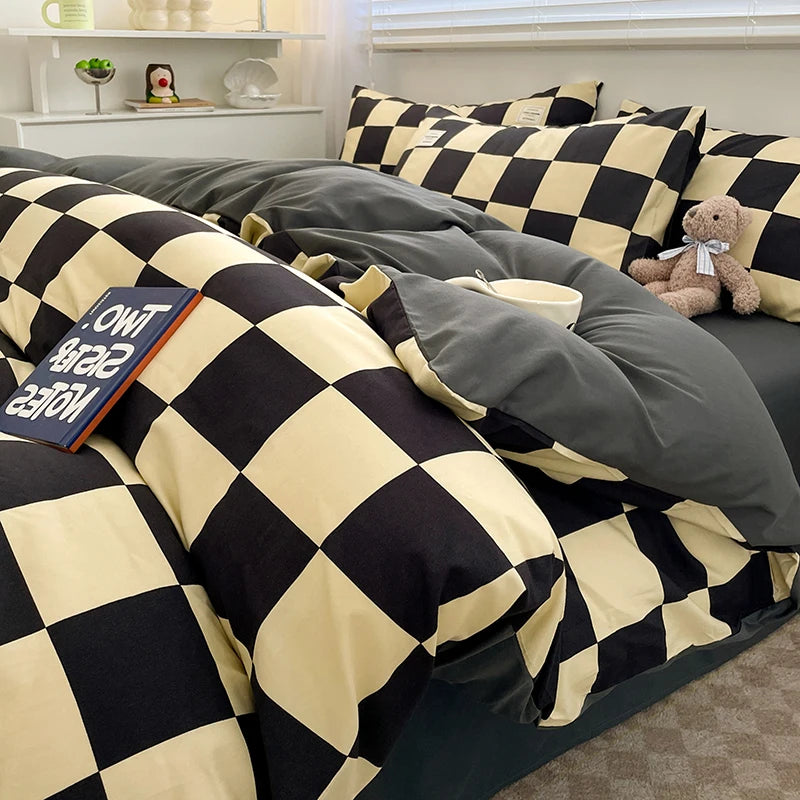 Parure de lit à carreaux, douce et agréable pour la peau, comprenant housse de couette, taies d’oreiller et drap de lit, linge de lit pour maison, disponible en tailles simple, double, Queen et King.