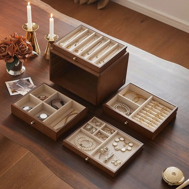 Boîte à bijoux en bois massif de luxe, style rétro, coffret de rangement pour bijoux, présentoir pour colliers, boucles d’oreilles et bracelets, vitrine et organisateur de bijoux