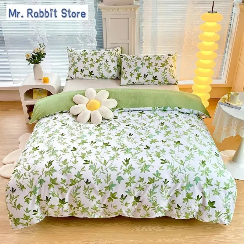Ensemble 2/3 pièces pour lit Queen/King, housse de couette double avec imprimé floral vert et taies d’oreiller, style nordique, parure de lit confortable avec housse de couette.