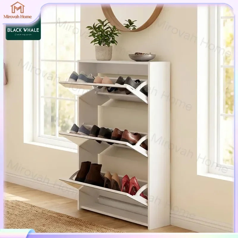 Meuble à chaussures ultra-fin avec miroir et compartiments basculants, rangement mural pour entrée et couloir, organisateur moderne pour la maison.