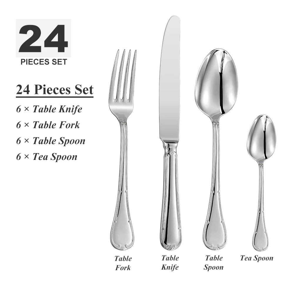 Service de couverts 24 pièces pour 6 personnes, en acier inoxydable 18/10, finition miroir, pour pendaison de crémaillère, restaurant, mariage et fêtes