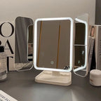 Miroir de maquillage LED de bureau avec éclairage, style INS, miroir pliable à trois volets, miroir de coiffeuse de bureau pour dortoir, beauté et chambre à coucher.