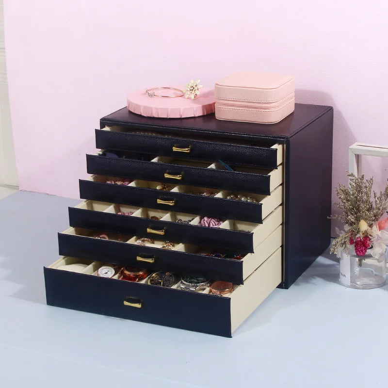 6 Layers PU Leather Jewelry Box Storage Case Display Organizer Ring Necklace Earring Collection for Gifts
