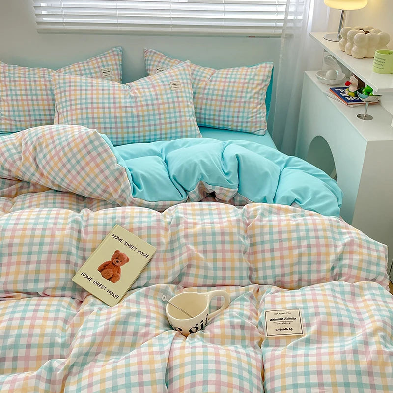 Parure de lit à carreaux, douce et agréable pour la peau, comprenant housse de couette, taies d’oreiller et drap de lit, linge de lit pour maison, disponible en tailles simple, double, Queen et King.