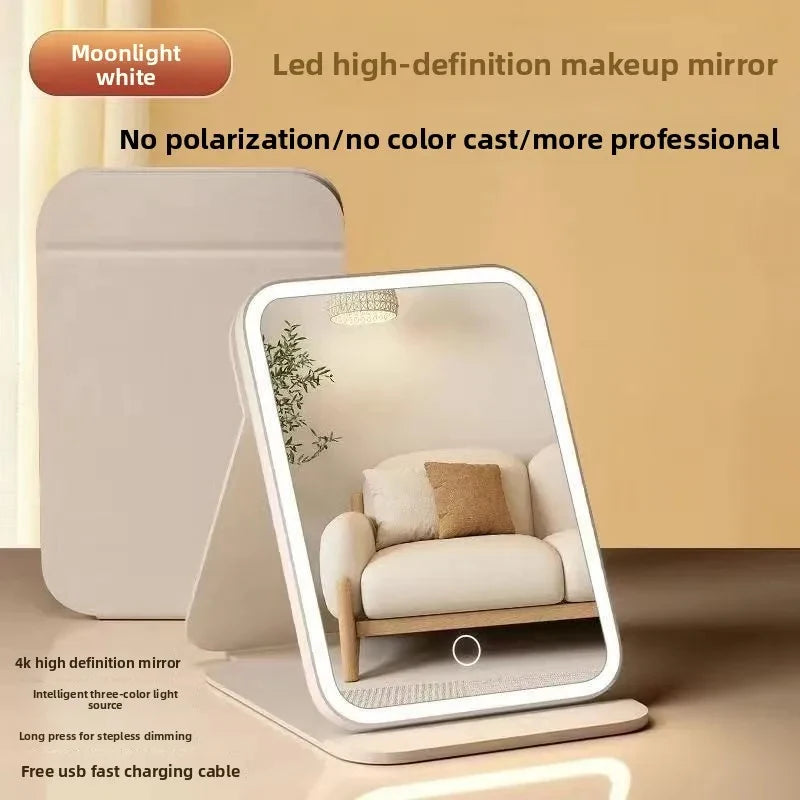 Miroir de maquillage LED de bureau avec éclairage, style INS, miroir pliable à trois volets, miroir de coiffeuse de bureau pour dortoir, beauté et chambre à coucher.