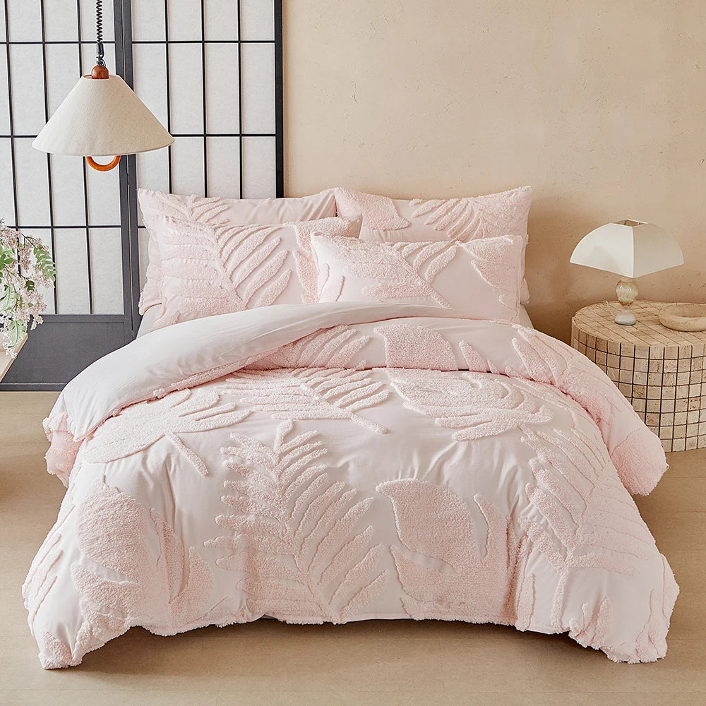 Parure de lit avec housse de couette, tailles Twin, Double, Queen et King, 135 × 200 cm, style nordique, housse de couette avec motif feuilles tufté, linge de lit simple ou double, disponible jusqu’à 240 × 220 cm.