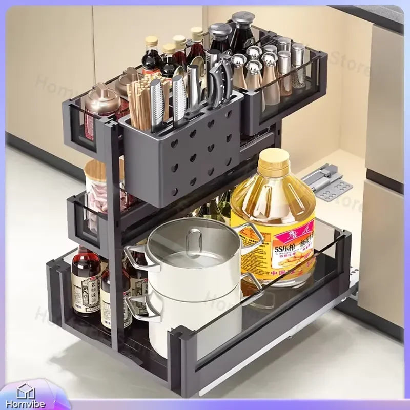 Panier de rangement métallique coulissant à 2 niveaux, organisateur sous évier pour cuisine et garde-manger, rangement pour condiments, épices, ustensiles et accessoires de cuisine