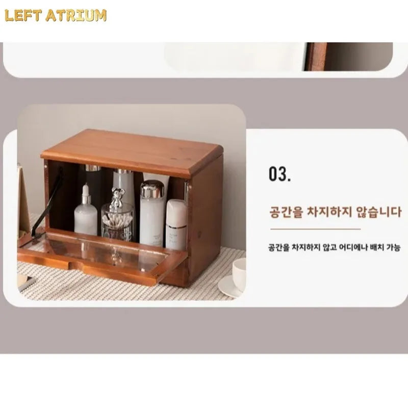 Boîte de rangement vintage en bois pour coiffeuse de bureau avec miroir, résistante à la poussière, grande capacité, rangement pour cosmétiques, en bois massif, rangement pour la maison