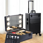 Organisateur 3-en-1 portable et interchangeable en aluminium pour maquillage, avec miroir LED et poignée télescopique – rangement pour accessoires de beauté