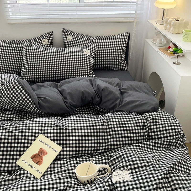 Parure de lit à carreaux, douce et agréable pour la peau, comprenant housse de couette, taies d’oreiller et drap de lit, linge de lit pour maison, disponible en tailles simple, double, Queen et King.