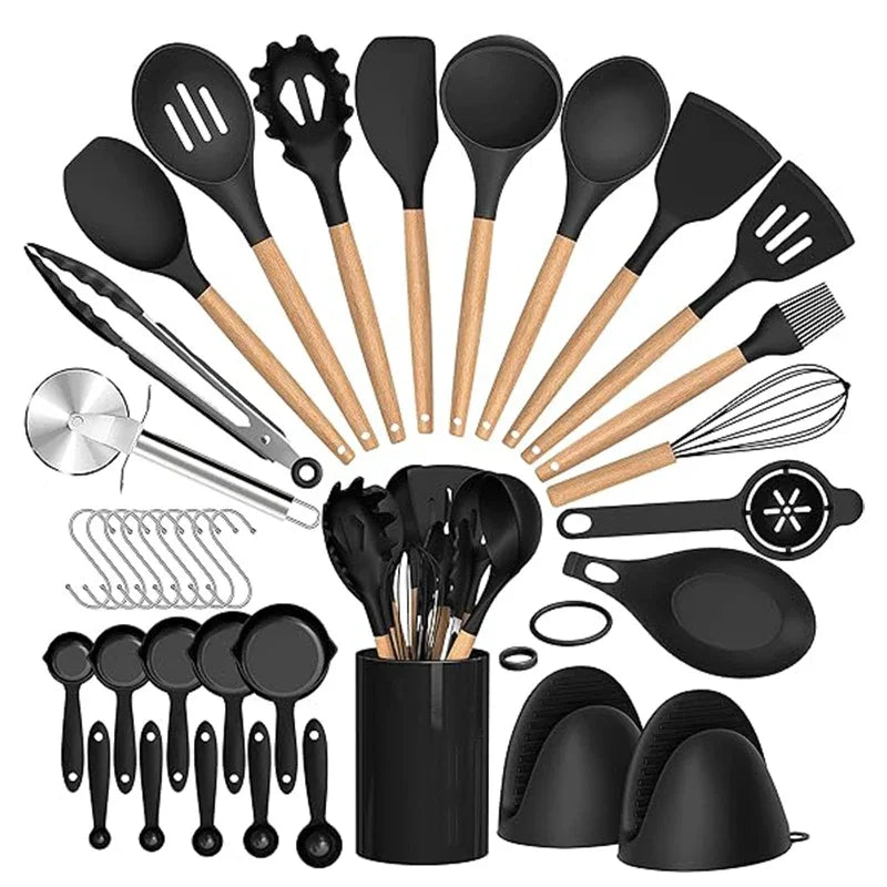 Set de 36 ustensiles de cuisine en silicone avec support