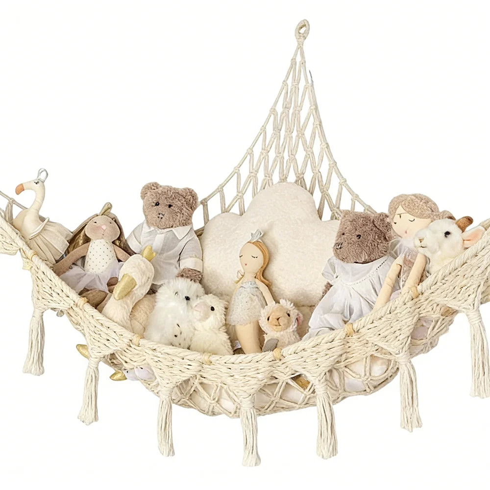 Grand hamac de rangement pour peluches, filet suspendu à grande capacité pour jouets, hamac en maille tressée gain de place pour chambre d’enfant et nurserie.