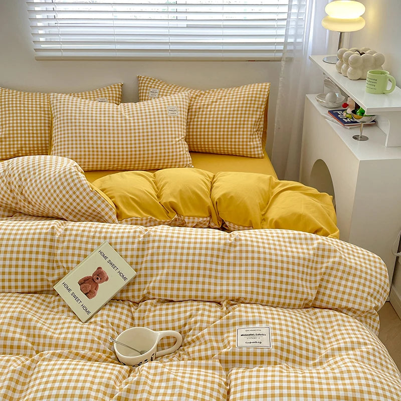 Parure de lit à carreaux, douce et agréable pour la peau, comprenant housse de couette, taies d’oreiller et drap de lit, linge de lit pour maison, disponible en tailles simple, double, Queen et King.