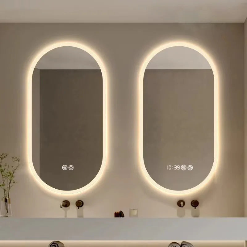 Miroir de salle de bain intelligent ovale avec écran tactile, miroir LED éclairé pour lavabo et maquillage, miroir mural long et petit miroir de courtoisie intelligent.