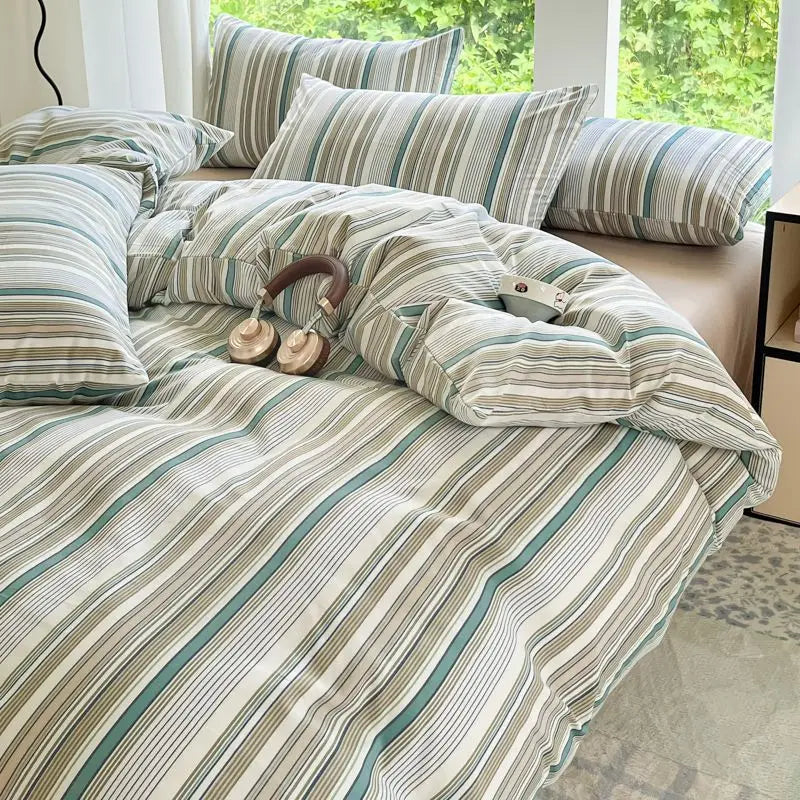 Parure de lit premium 3/4 pièces en coton lavé ultra-doux, qualité supérieure, style quadrillé, avec drap-housse, idéale pour chambre d’enfant et dortoir.