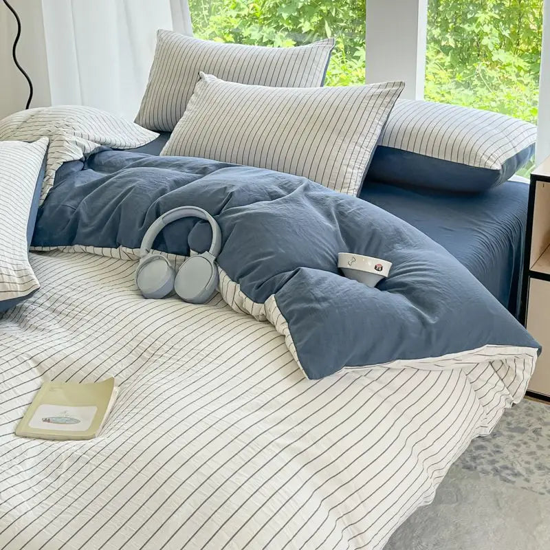 Parure de lit premium 3/4 pièces en coton lavé ultra-doux, qualité supérieure, style quadrillé, avec drap-housse, idéale pour chambre d’enfant et dortoir.