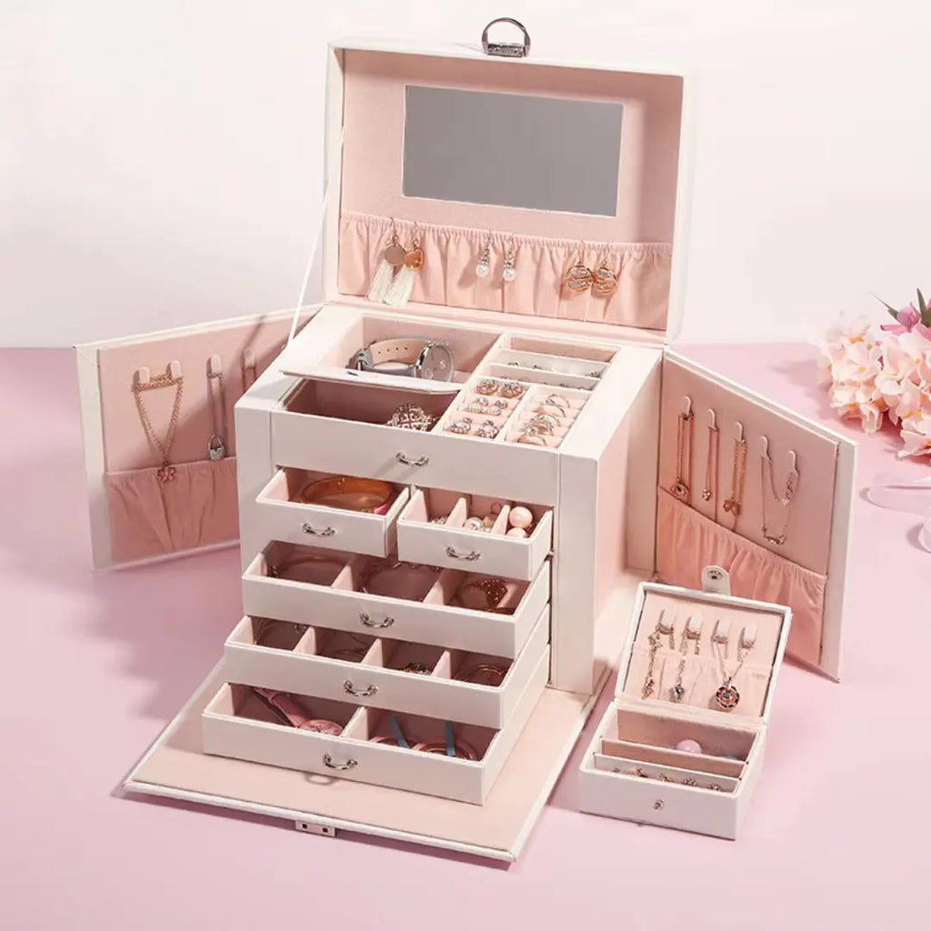 Boîte à bijoux en cuir à 5 niveaux et grande capacité, organisateur de rangement multicouche pour cosmétiques et bijoux, vente en gros directement auprès du fabricant