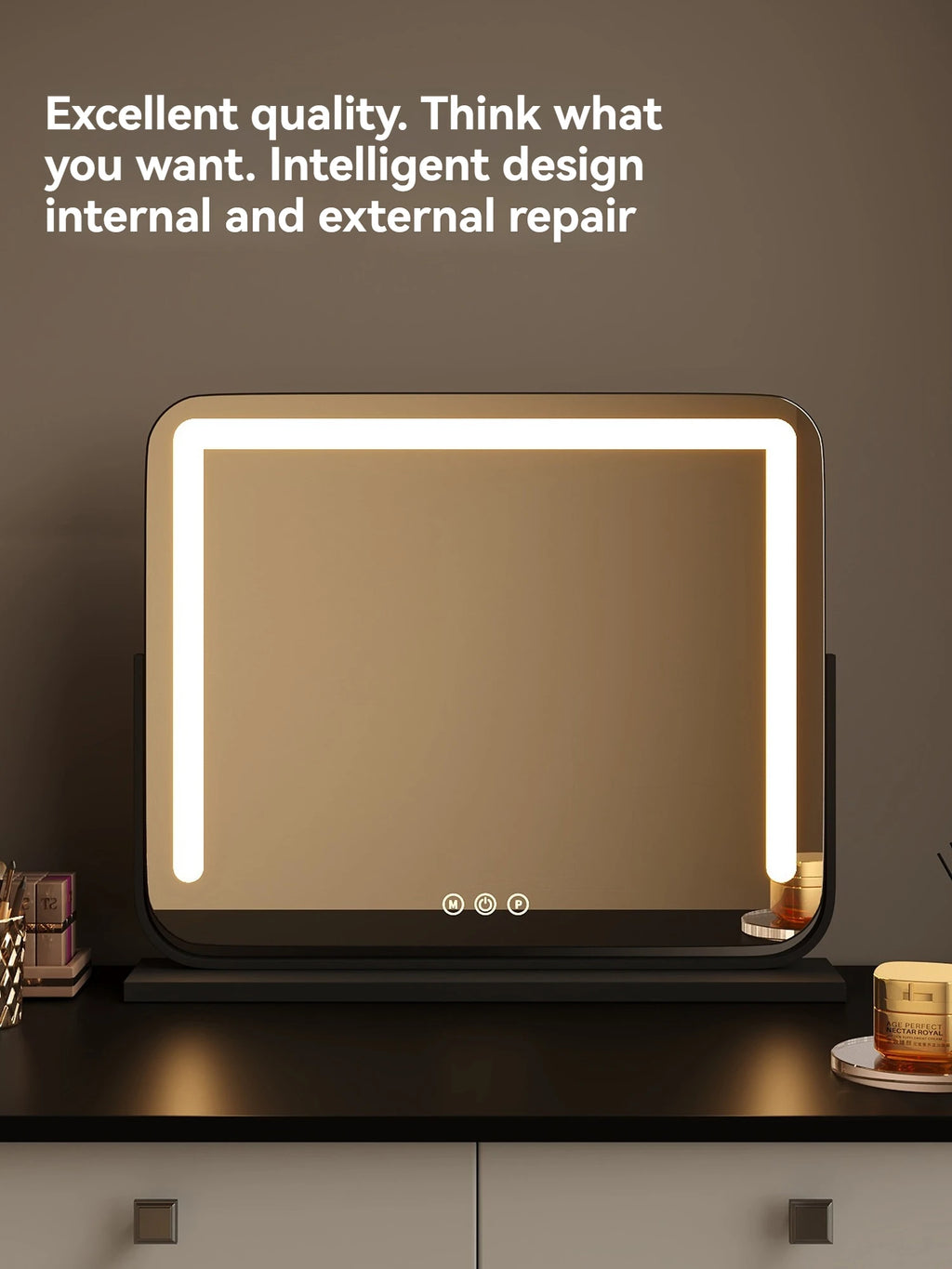 Grand miroir de maquillage LED intelligent de bureau avec éclairage, miroir de coiffeuse de table rotatif avec éclairage pour la maison