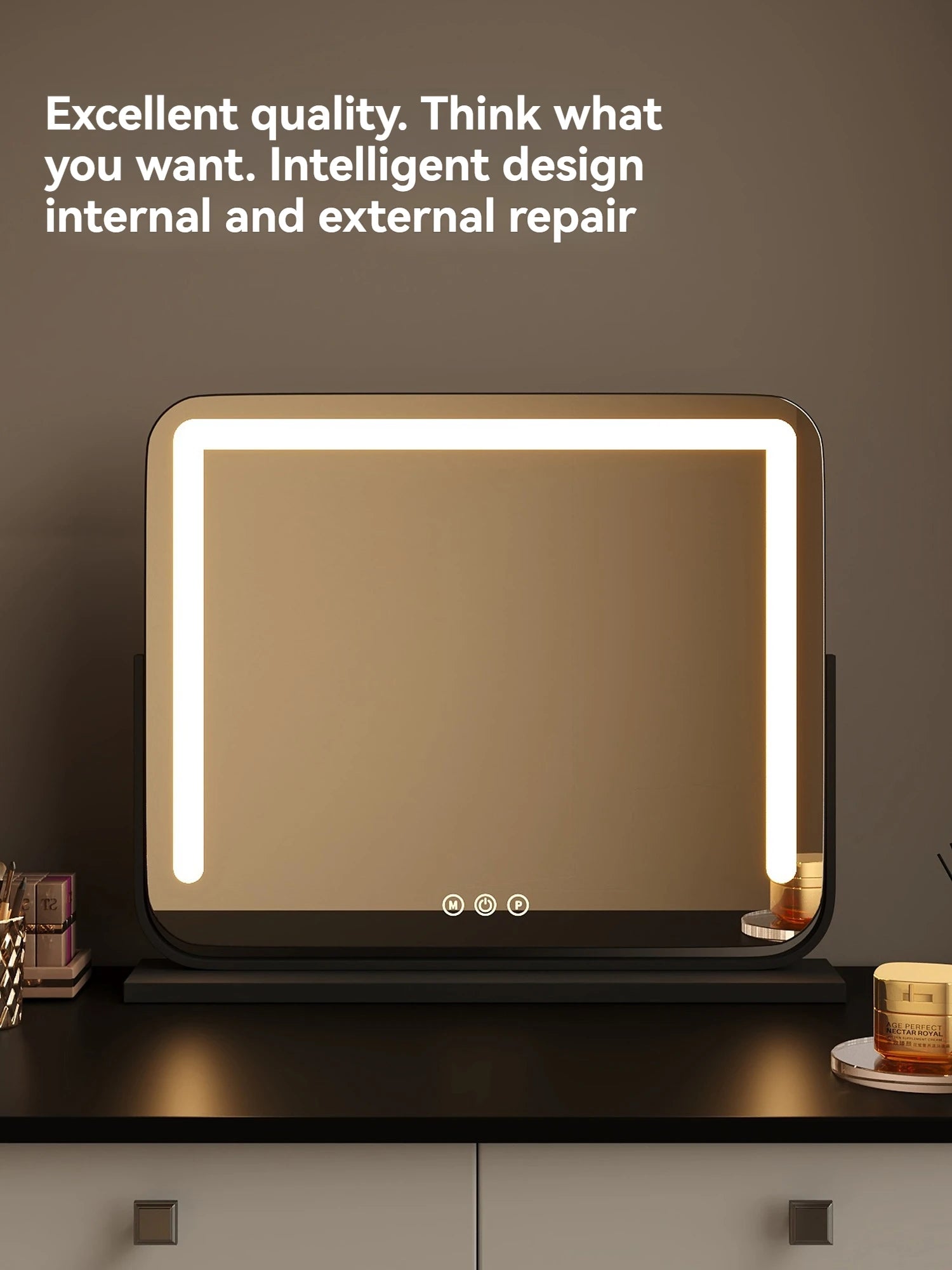 Grand miroir de maquillage LED intelligent de bureau avec éclairage, miroir de coiffeuse de table rotatif avec éclairage pour la maison