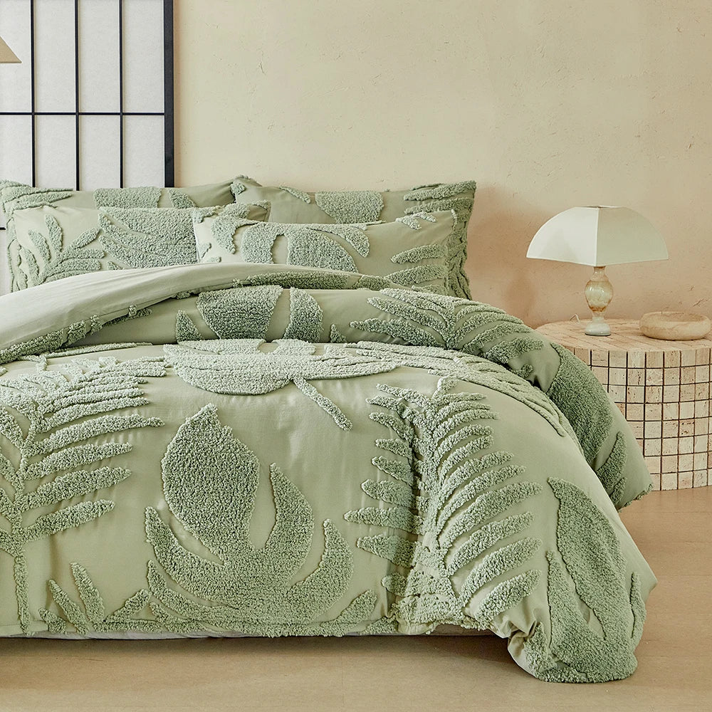Parure de lit avec housse de couette, tailles Twin, Double, Queen et King, 135 × 200 cm, style nordique, housse de couette avec motif feuilles tufté, linge de lit simple ou double, disponible jusqu’à 240 × 220 cm.