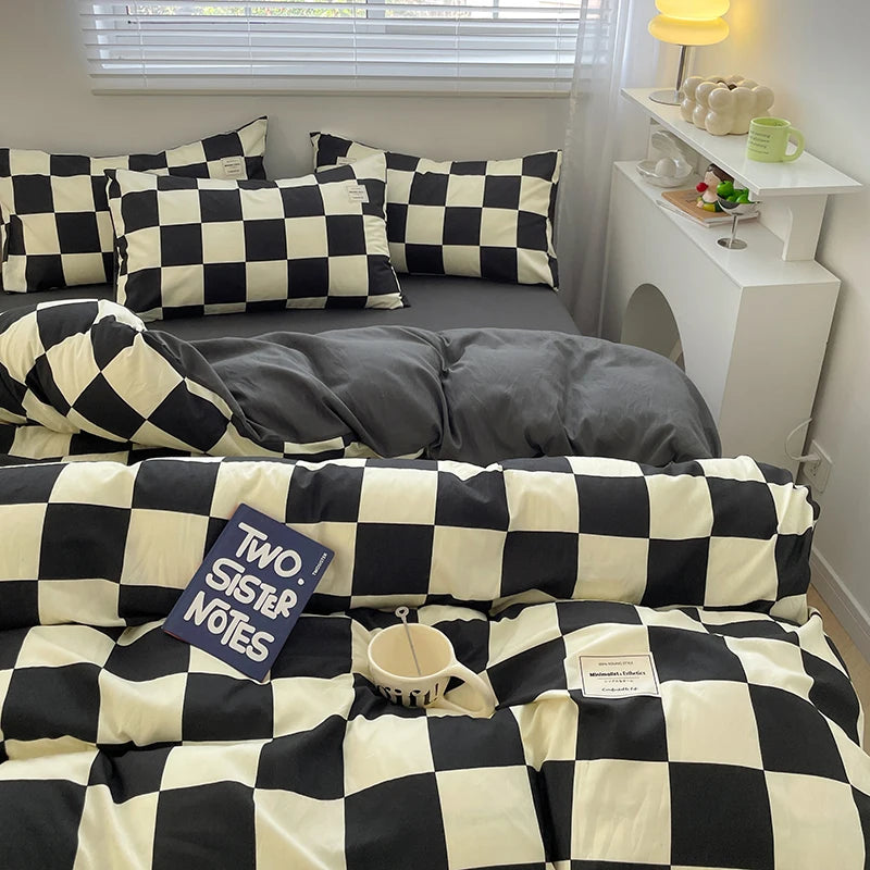 Parure de lit à carreaux, douce et agréable pour la peau, comprenant housse de couette, taies d’oreiller et drap de lit, linge de lit pour maison, disponible en tailles simple, double, Queen et King.