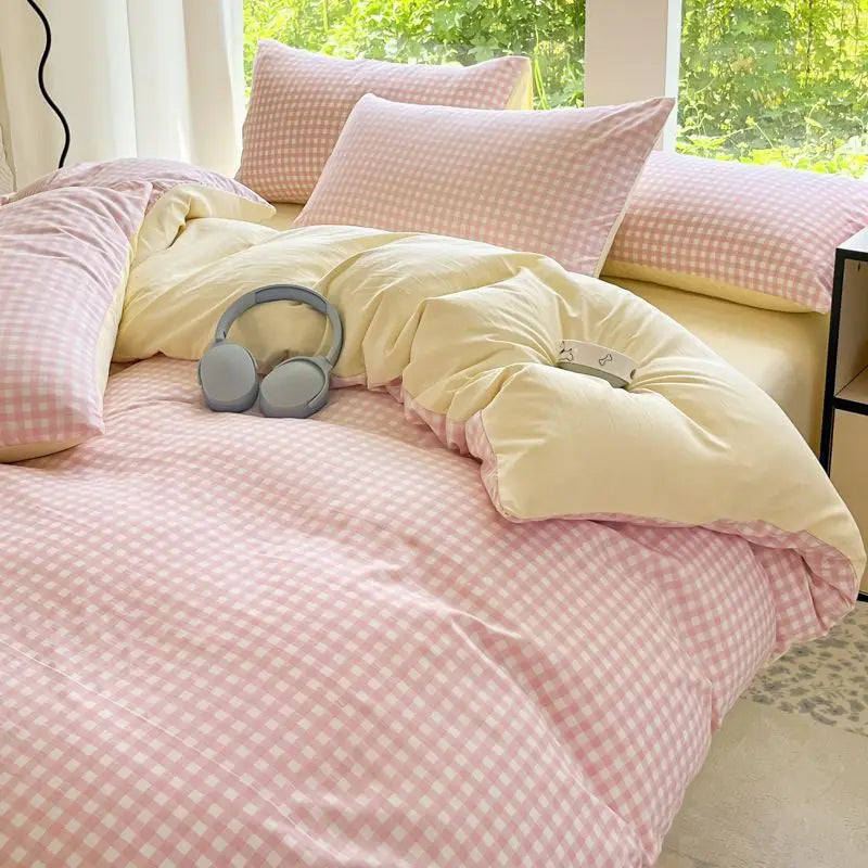 Parure de lit premium 3/4 pièces en coton lavé ultra-doux, qualité supérieure, style quadrillé, avec drap-housse, idéale pour chambre d’enfant et dortoir.