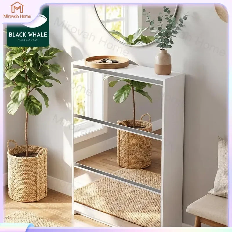 Meuble à chaussures ultra-fin avec miroir et compartiments basculants, rangement mural pour entrée et couloir, organisateur moderne pour la maison.