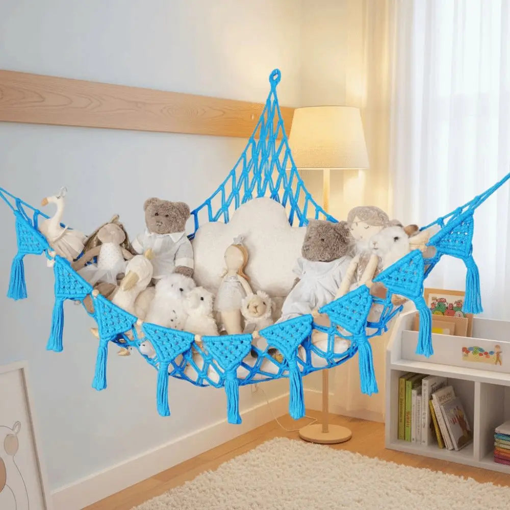 Grand hamac de rangement pour peluches, filet suspendu à grande capacité pour jouets, hamac en maille tressée gain de place pour chambre d’enfant et nurserie.