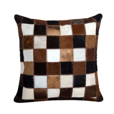 Housse de coussin en véritable cuir de vache 100 % naturel, 45 × 45 cm, motif vache marron crème, housse de coussin luxueuse pour décoration intérieure.