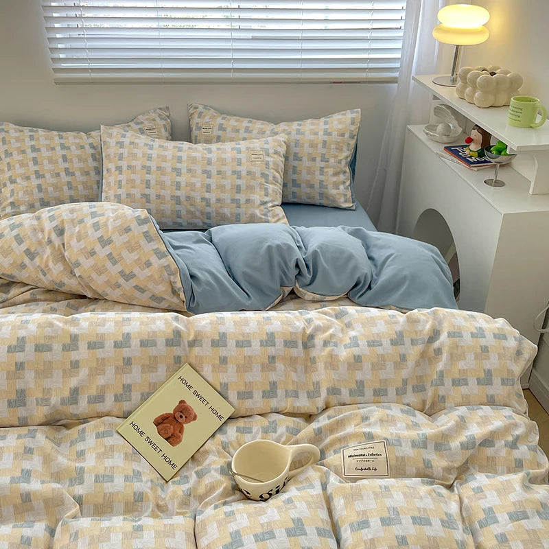 Parure de lit à carreaux, douce et agréable pour la peau, comprenant housse de couette, taies d’oreiller et drap de lit, linge de lit pour maison, disponible en tailles simple, double, Queen et King.