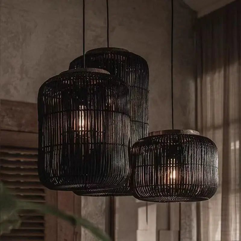 Suspension japonaise Wabi-Sabi en rotin tressé, style lanterne, pour chambre, maison d’hôtes ou salon de thé, luminaire décoratif pour plafond.