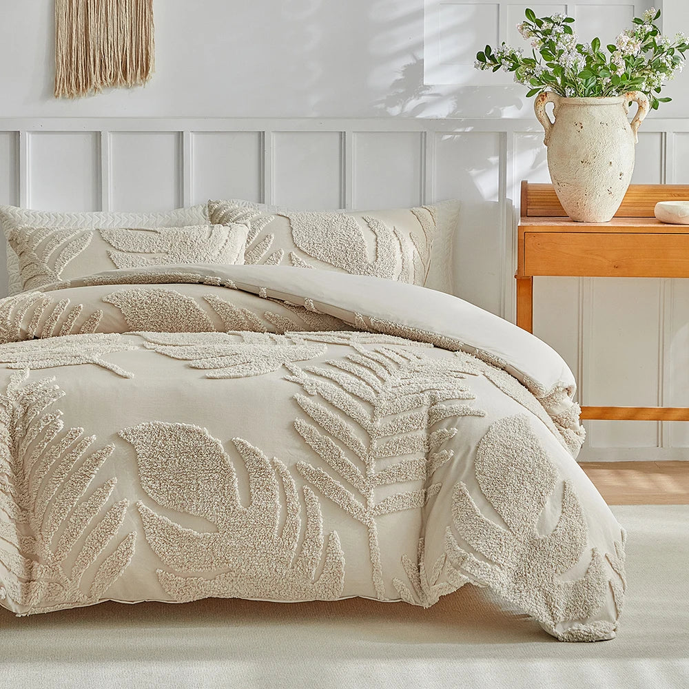 Parure de lit avec housse de couette, tailles Twin, Double, Queen et King, 135 × 200 cm, style nordique, housse de couette avec motif feuilles tufté, linge de lit simple ou double, disponible jusqu’à 240 × 220 cm.
