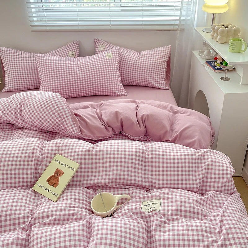 Parure de lit à carreaux, douce et agréable pour la peau, comprenant housse de couette, taies d’oreiller et drap de lit, linge de lit pour maison, disponible en tailles simple, double, Queen et King.