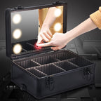 Organisateur 3-en-1 portable et interchangeable en aluminium pour maquillage, avec miroir LED et poignée télescopique – rangement pour accessoires de beauté
