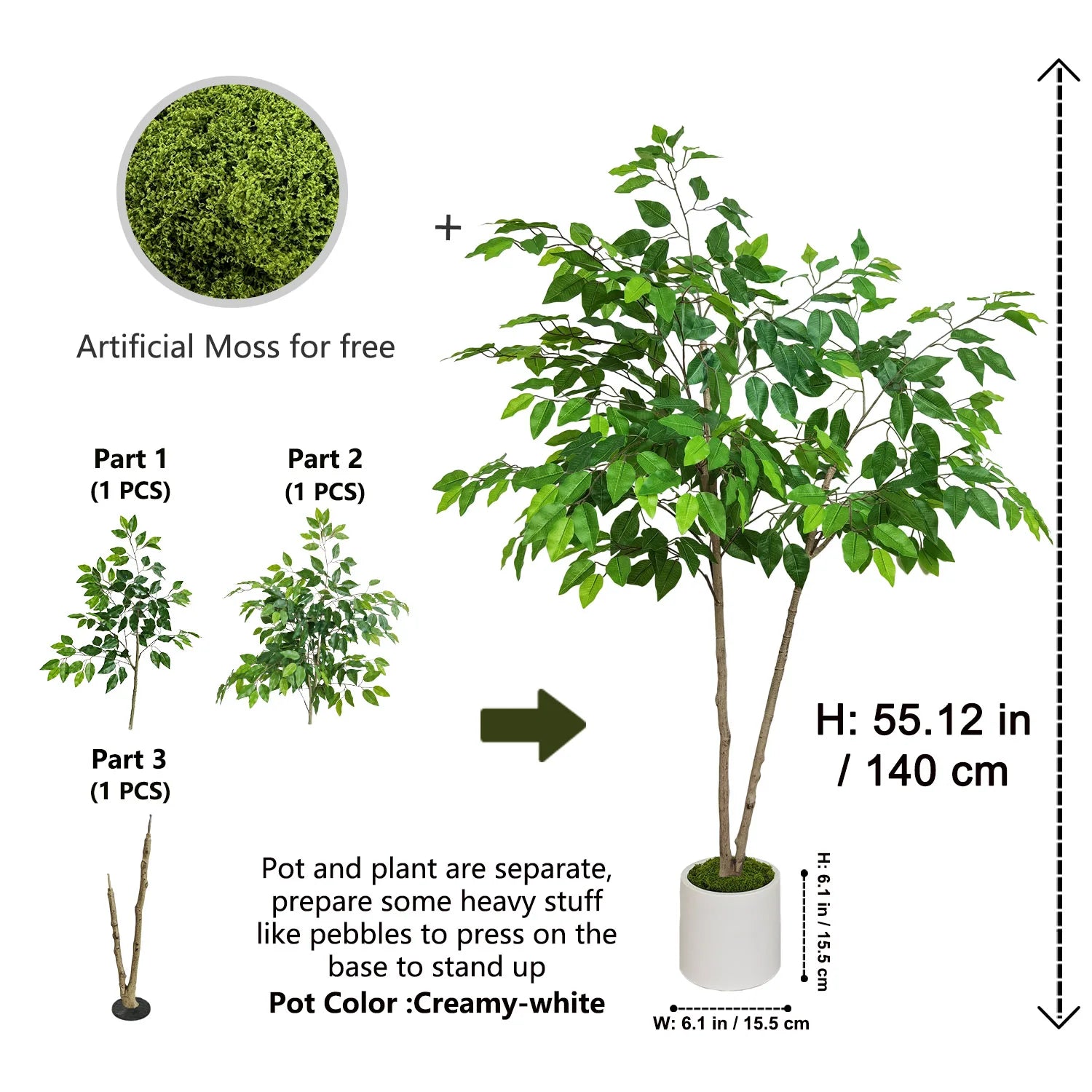 Ficus artificiel de 140 à 210 cm, plante artificielle à double tronc, décoration végétale synthétique pour intérieur, salon et maison.
