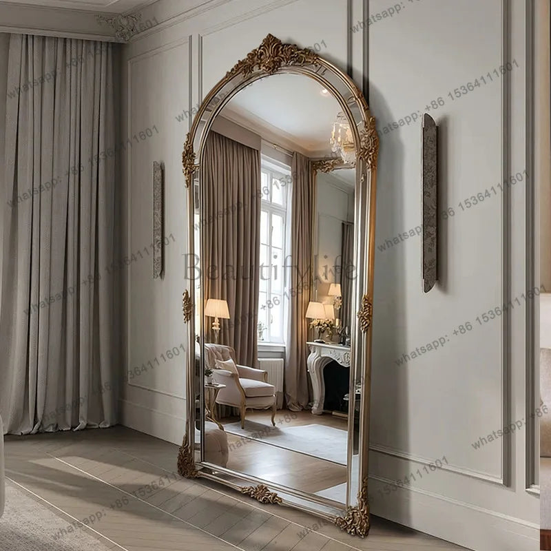 Miroir sur pied arqué rétro français en bois, miroir de sol pour la maison et la penderie.