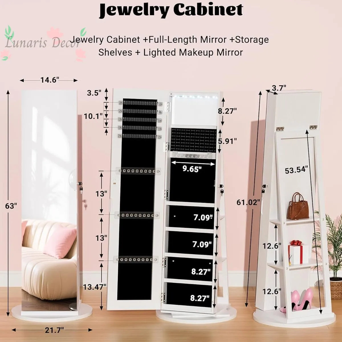 Armoire miroir pleine longueur rotative en bois massif – organisateur de bijoux et d’accessoires pour chambre à coucher – dressing mobile autoportant
