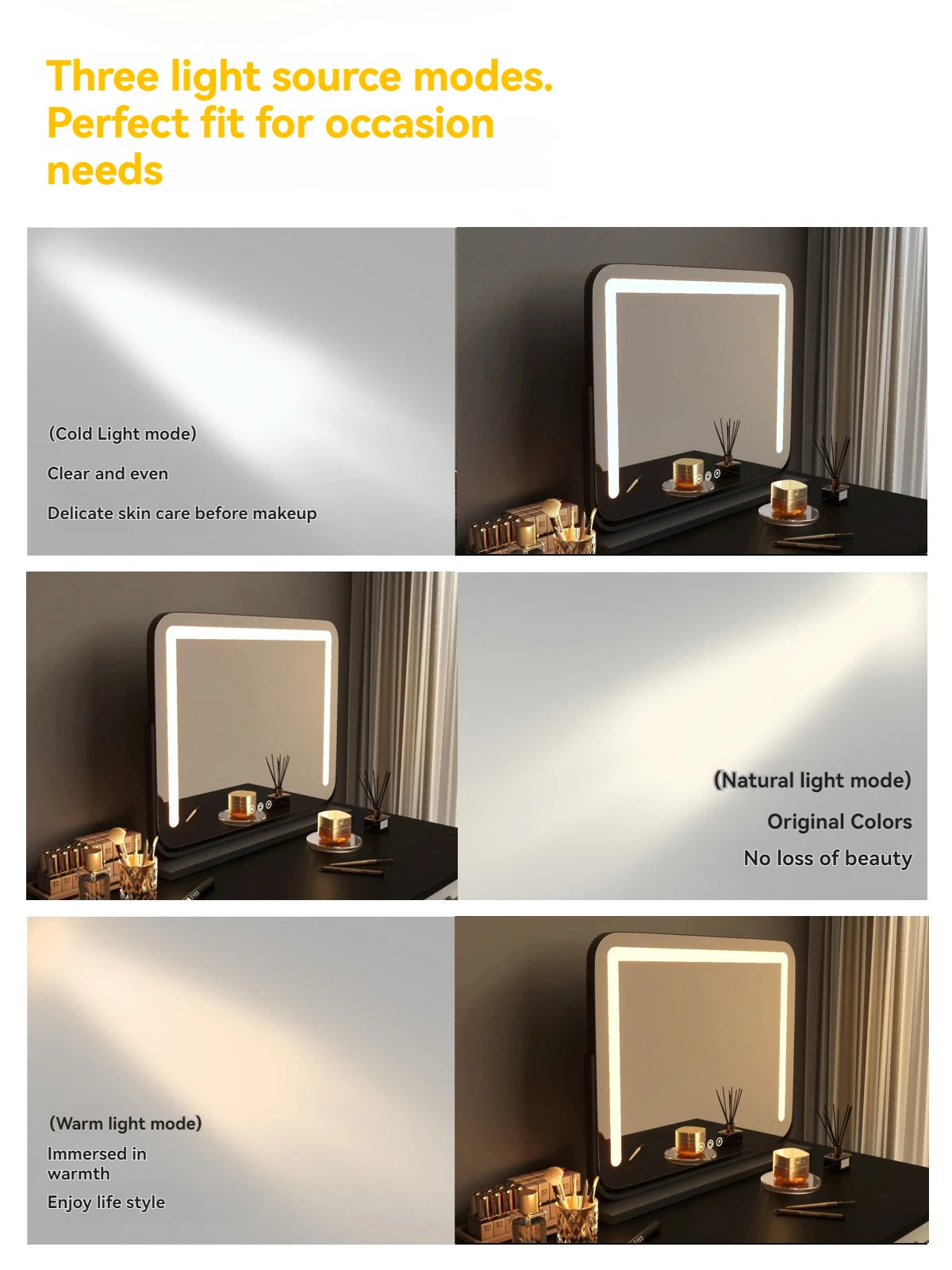 Grand miroir de maquillage LED intelligent de bureau avec éclairage, miroir de coiffeuse de table rotatif avec éclairage pour la maison