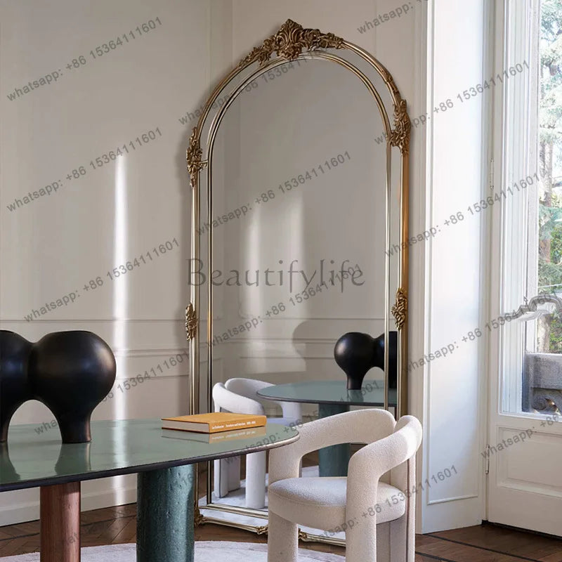Miroir sur pied arqué rétro français en bois, miroir de sol pour la maison et la penderie.
