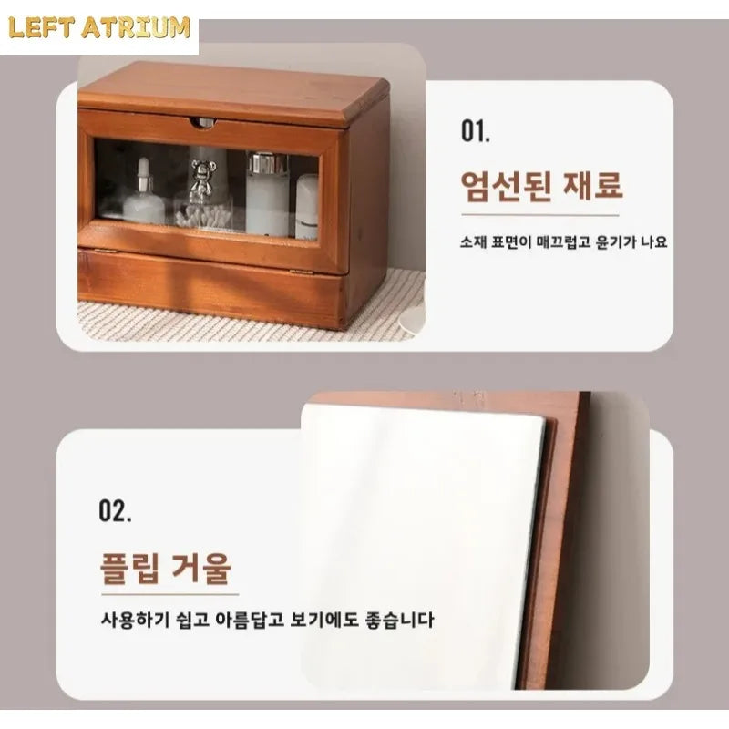 Boîte de rangement vintage en bois pour coiffeuse de bureau avec miroir, résistante à la poussière, grande capacité, rangement pour cosmétiques, en bois massif, rangement pour la maison