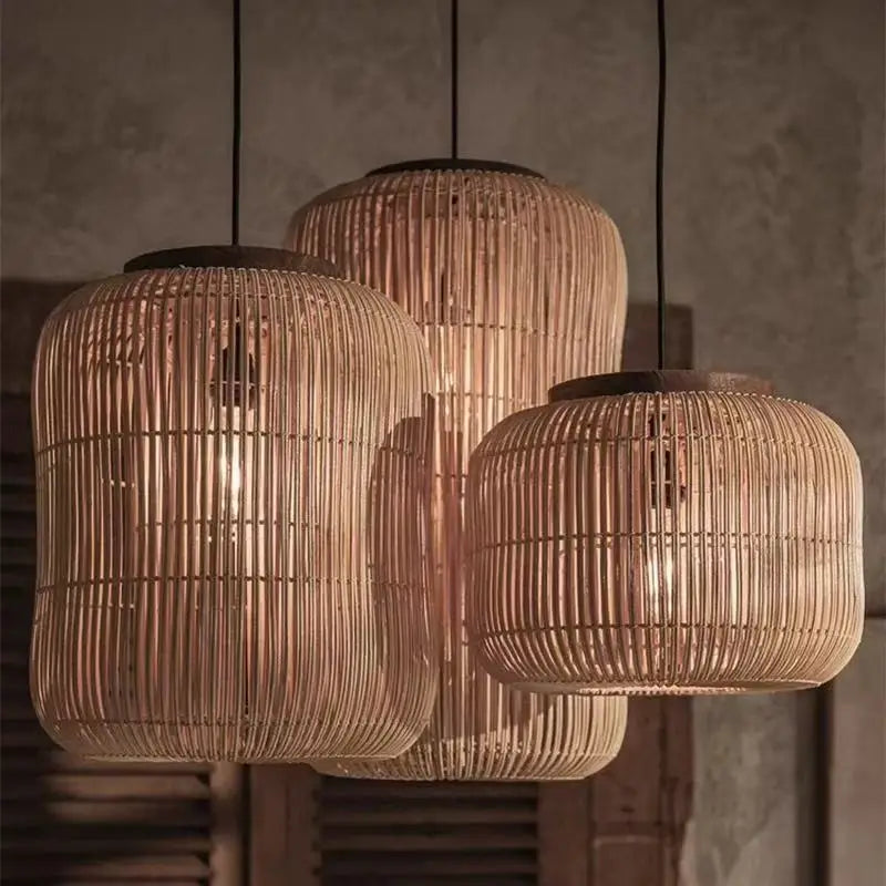 Suspension japonaise Wabi-Sabi en rotin tressé, style lanterne, pour chambre, maison d’hôtes ou salon de thé, luminaire décoratif pour plafond.