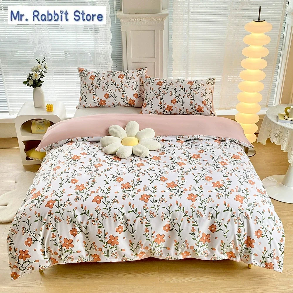 Ensemble 2/3 pièces pour lit Queen/King, housse de couette double avec imprimé floral vert et taies d’oreiller, style nordique, parure de lit confortable avec housse de couette.